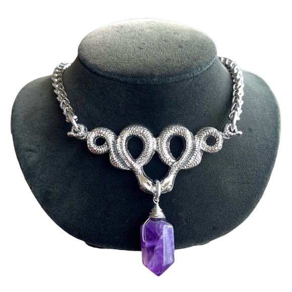 Amethyst crystal stone snake charm stainless steel chain necklace goth boho . - Picture 1 of 11